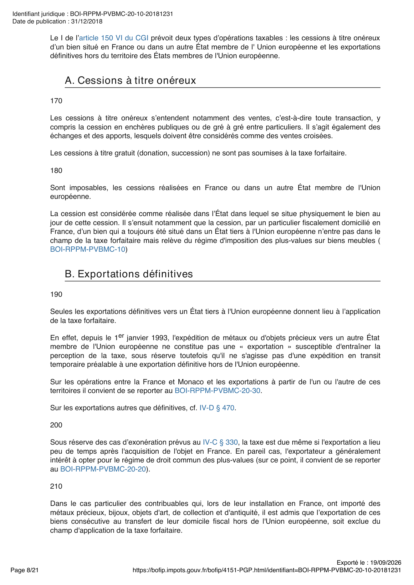 Extrait du BOFiP : un bien toujours situé dans un État tiers à l’Union européenne relève du régime des plus-values sur biens meubles, capture exportée le 19 septembre 2026