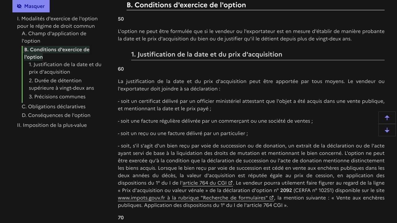 Conditions officielles de l’option pour la plus-value : date, prix d’acquisition et justificatifs, capture BOFiP du 16 septembre 2026