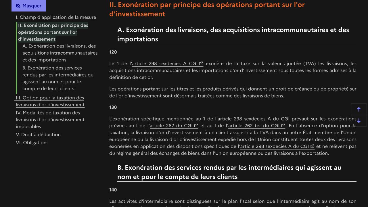Extrait du BOFiP sur la définition et l’exonération de l’or d’investissement