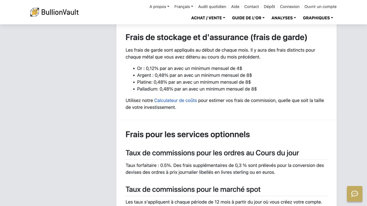 Tarif BullionVault consulté le 15 septembre 2026 : garde de l’or à 0,12 % par an avec un minimum de 4 dollars par mois.